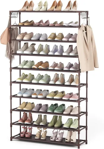 Vista 16 de LANTEFUL Zapatero de 10 niveles, 50 pares, organizador de zapatos alto de gran capacidad, almacenamiento de zapatos resistente con dos ganchos