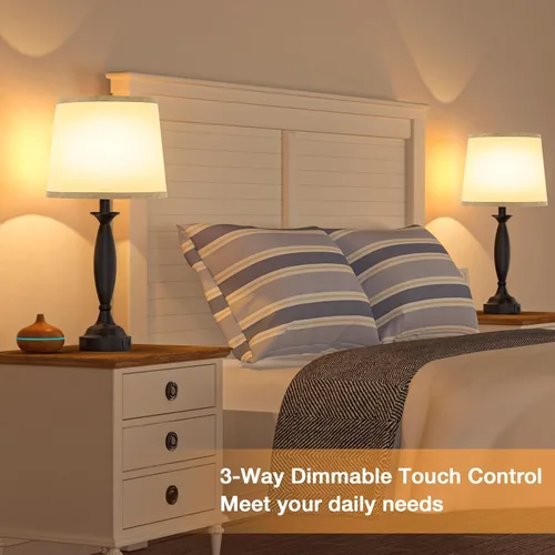 Vista 4 de Juego de 2 lámparas grises para dormitorio, lámpara de noche con control táctil con USB C+A, lámparas de mesita de noche regulables de 3 vías