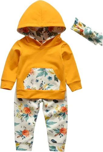 Vista 2 de Conjunto de sudadera con capucha floral de manga larga para bebé niña con bolsillo y diadema