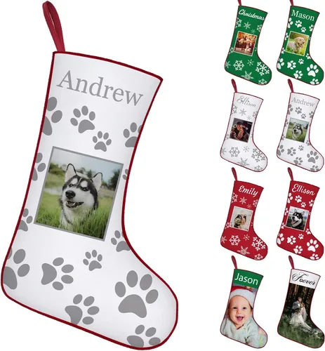 Vista 11 de Calcetines de Navidad personalizados con foto de nombre, imagen de perros y mascotas, patas de perro, calcetines de Navidad, decoración colgante