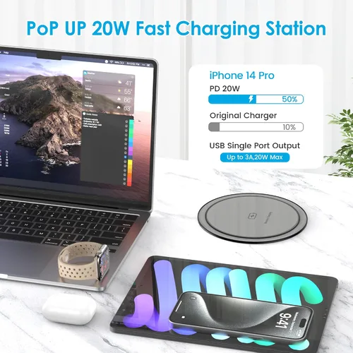 Vista 3 de VILONG - Toma desplegable para encimera, 20 W USB-C, 15 W inalámbrico, 4 AC, cable de 6 pies