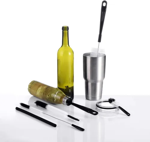 Vista 7 de ALINK Juego de 8 cepillos de limpieza de botellas, limpiador de botellas negras de mango largo para lavar botellas estrechas