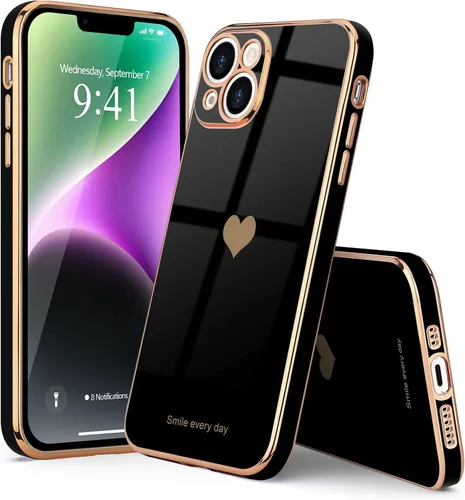 Vista 7 de Teageo - Funda para iPhone 14 Plus para mujeres y niñas, diseño de corazón de amor, color negro Luxury Plating Soft Bling Back Cover Raised Full