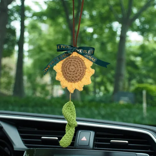 Vista 12 de Colgante de cactus de ganchillo para espejo retrovisor de automóvil, plantas peludas, adorno colgante para decoración del interior del automóvil