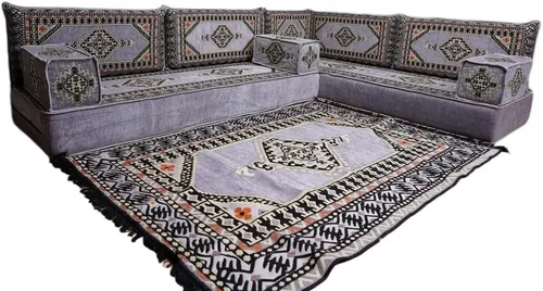Vista 129 de arabicsofa Juego de asientos Jalsa en forma de L – Majlis árabe hecho a mano con almohadas de respaldo