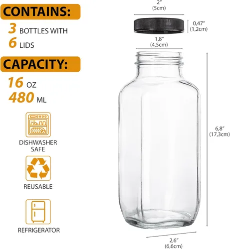 Vista 2 de umud Botellas de Jugo con Tapas, 16 Oz - Juego de 3 - Frascos de Vidrio Transparente con Tapas - Recipientes Vacíos Reutilizables para Bebidas