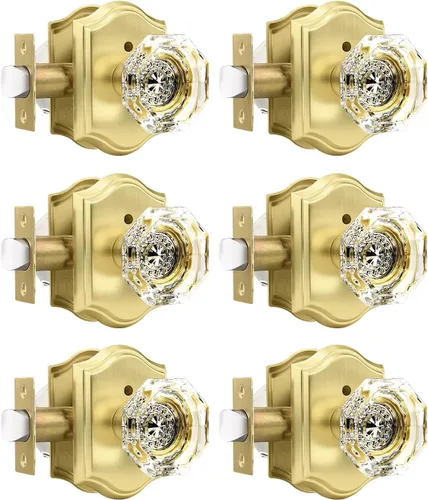 Vista 42 de Gobrico Juego de pomos de puerta de vidrio transparente para interiores, cerradura de puerta de cristal de diamante de privacidad en latón antiguo