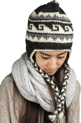 Vista 2 de Gorro de lana cálida de invierno con forro polar en el interior, tejido a mano, para la nieve y el frío, gruesa, para mujer, con diseño de Merino