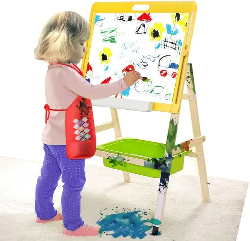 Vista 5 de KUUQA Delantal de arte para niños con dos bolsillos para pintura para niños, a granel para manualidades, hogar, cocina, aula, suministros de pintura