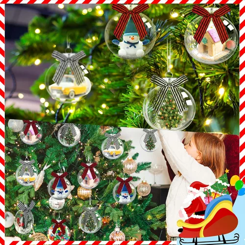 Vista 4 de Yookeer 64 Piezas Adornos Navideños Discos de Plástico Transparentes Iridiscentes Bolas Rellenables con Tapa Plateada y Lazos a Cuadros de Búfalo
