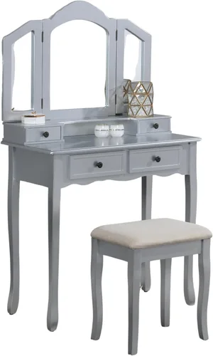Vista 8 de Roundhill Furniture, Sanlo - Juego de tocador y banco de madera, blanco