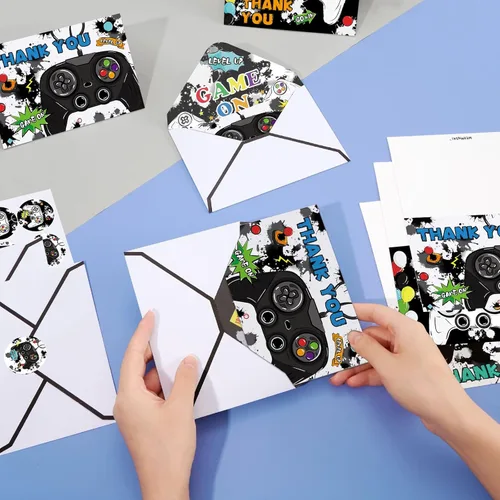 Vista 6 de WERNNSAI Tarjetas de agradecimiento de videojuegos – 24 piezas de decoración de cumpleaños de videojuegos, tarjetas de agradecimiento con sobres
