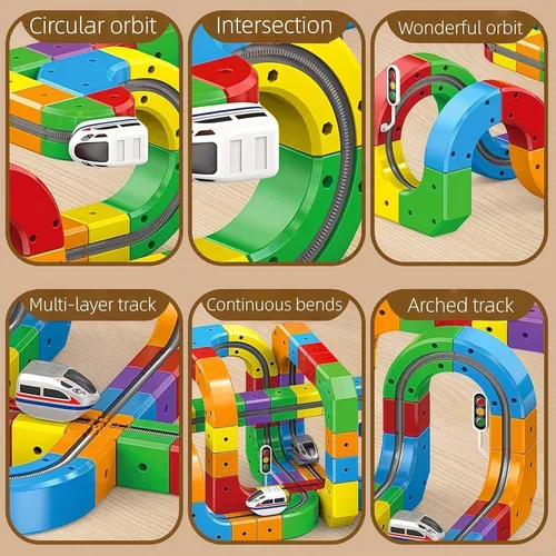 Vista 5 de Juego de tren eléctrico, juego de tren de fusión de pista flexible, kits de construcción de pistas de autos de carreras DIY con señales de tren