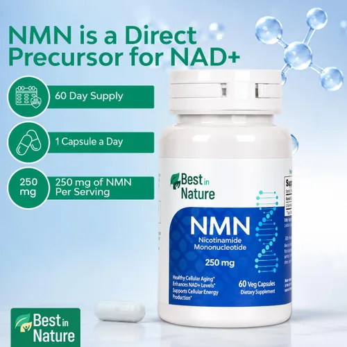 Vista 5 de Suplemento NMN (mononucleótido de nicotinamida) 60 unidades, 250 mg Apoya el envejecimiento saludable*