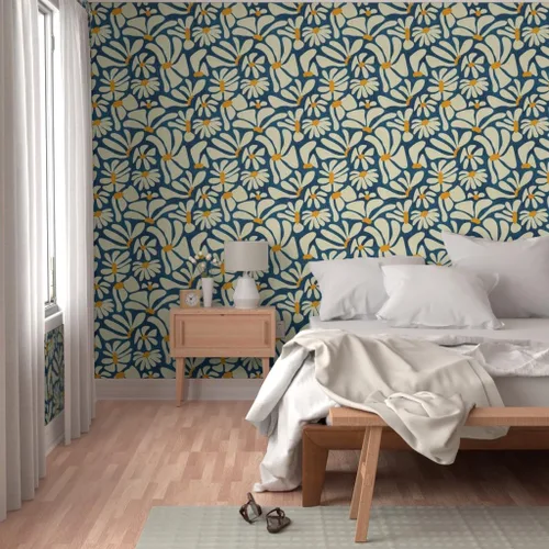 Vista 5 de Spoonflower Despegar y pegar papel tapiz Swatch - Retro Daisy Flower Power Blue Floral Vintage Groovy 70S 60S Papel pintado extraíble personalizado