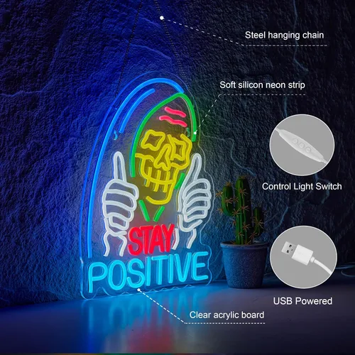 Vista 4 de Letrero de neón de calavera positivo para decoración de pared, luz de neón LED USB regulable para hogar, sala de estar, dormitorio, decoración