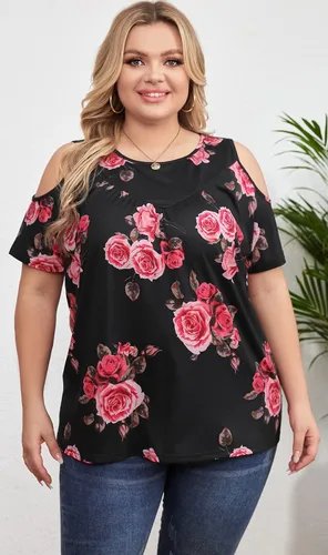 Vista 4 de Yiwixi Camisetas casuales de verano para mujer, con hombros descubiertos, manga corta, cuello redondo, ajuste holgado, tallas grandes, plisadas