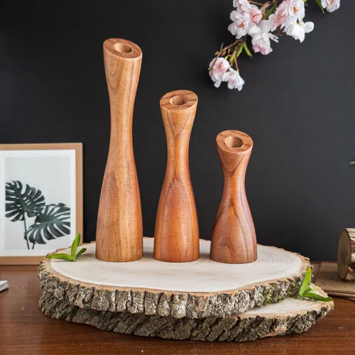 Vista 2 de OLEEK portavelas cónicos de madera - portavelas cónicos de madera para centro de mesa - portavelas de madera (9", 8", 6") - portavela de madera