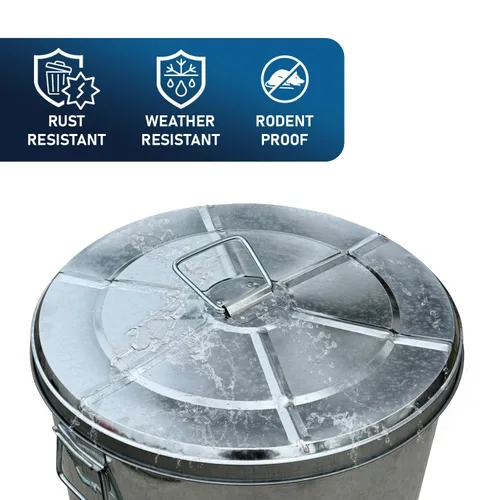 Vista 4 de Plexon Bote de basura grande de metal con tapa de 20 galones, cubo de basura decorativo para exteriores, cubo de metal galvanizado resistente