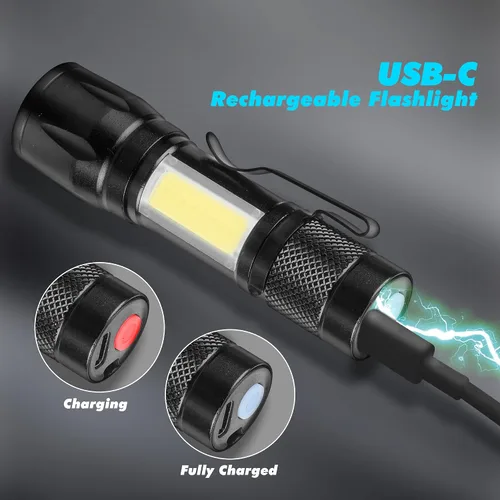 Vista 5 de KunHe Paquete de 4 linternas recargables USB-C mini pequeñas LED Linternas brillantes con clip Ligero EDC con luz lateral COB para camping, hogar