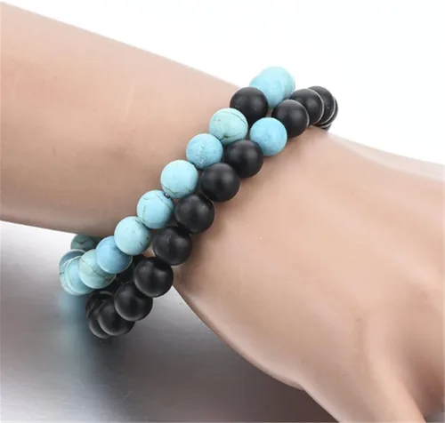 Vista 3 de Pulseras para Él y para Ella en ágata negra mate y turquesa de 8 mm, brazalete de distancia de arenisca para parejas, marca Xiaoli.