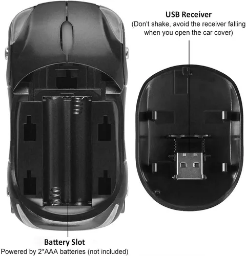 Vista 5 de CHUYI Ratón óptico inalámbrico en forma de coche 3D ultra pequeño y fresco para viajes de negocios, oficina, hogar, escuela, regalo (negro)