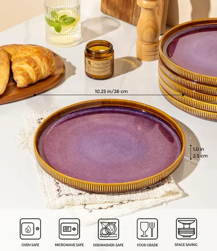 Vista 2 de theterra Dinner Plates Set of 6, 10.25 Inch Ceramic Dinner Plates, Stoneware Dinnerware for Kitchen, Oven & Microwave & Dishwasher Safe, Amber