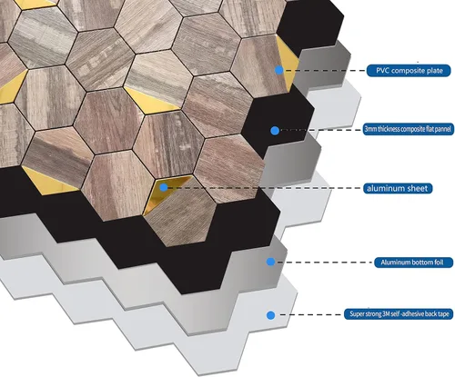 Vista 3 de Azulejos de pared de PVC para cocina, baño, adhesivo de aluminio hexagonal autoadhesivo, 12 x 10.4 x 0.15 pulgadas (10, madera marrón y dorado)