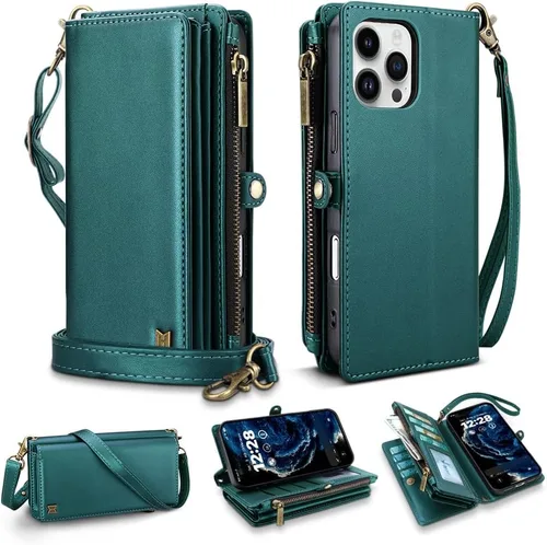 Vista 15 de Funda tipo cartera para iPhone 16 Pro Max con 8 tarjeteros, bloqueo RFID, piel sintética, función atril, abatible, correa de muñeca y correa