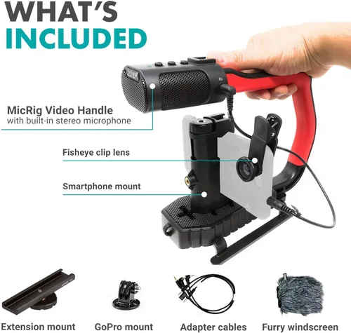 Vista 4 de Movo micrig Extreme Sport Edition – Mango de vídeo con micrófono estéreo integrados, Parabrisas, & Fisheye Lente para iPhone 5, 5 C, 5S, 6, 6s, 7