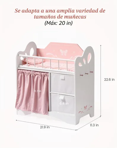 Vista 2 de ROBOTIME Cuna para muñeca, cama de madera para muñecas, cuna de juguete con almacenamiento, ropa de cama y ganchos de madera, cuna para muñecas