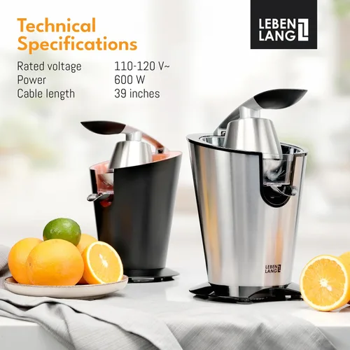 Vista 6 de LEBENLANG Exprimidor de cítricos eléctrico con alto rendimiento de jugo Exprimidor de jugo de naranja 200W + 2 conos Exprimidor de limones