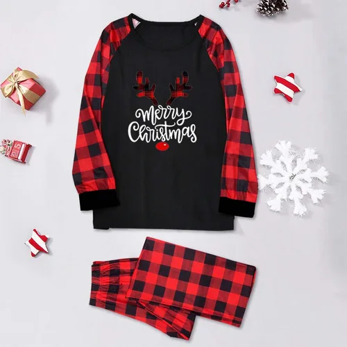 Vista 2 de Pijamas de Navidad familiares a juego, clásicos a cuadros, con alce, lindos pijamas de Navidad, conjuntos de pijamas de vacaciones, pijamas