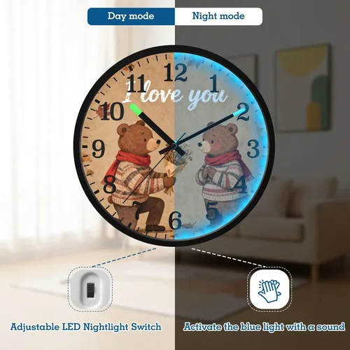 Vista 5 de Luminous Voice-Activated Wall Clocks Non-Ticking Silent Battery Operated Small Analog Clock I Love You Retro Bear Propose Brown 12 Inch Decorative