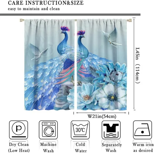 Vista 3 de Cortinas opacas de pavo real, hermoso patrón de estampado de flores de pavo real azul, estampado de mariposas y pavo real, juego de 2 paneles
