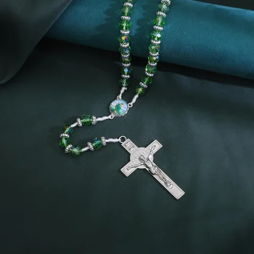Vista 5 de KOMI Rosario de cuentas católicas para mujer, rosario de acero inoxidable, rosario con aroma de rosa, collar de rosario de cristales, regalos