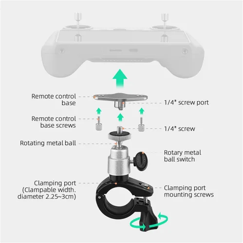 Vista 8 de Adaptador de soporte de bicicleta para DJI RC/RC2 Controlador de bicicleta Soporte de montaje para manillar de bicicleta Soporte de abrazadera Base