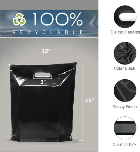 Vista 2 de PPB - Bolsas de plástico negro para mercancía de 12 x 15 pulgadas, acabado brillante, tamaño mediano al por menor, paquete de 100 unidades, 1.5 mil