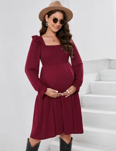 Vista 5 de KOJOOIN Vestido de maternidad para mujer, sin mangas, cuello cuadrado, volantes, casual, bohemio, vestido midi para baby shower, sesión de fotos