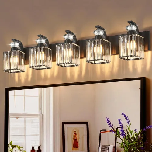 Vista 26 de Lámpara Moderna de Tocador de Baño, Luminarias de Baño de 4 Luces Negro Dorado Sobre Espejo, Aplique de Pared de Cristal de 28.4
