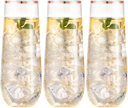 Vista 12 de SUT 24 copas de champán de plástico color oro rosa, copas de champán de plástico sin tallo de 9 onzas, vasos de tostado transparente con borde