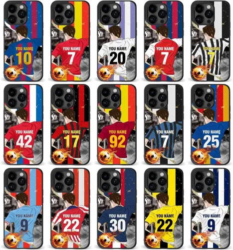 Vista 8 de Fundas personalizadas con nombre y número de fútbol para iPhone 11, 12, 13, 14, 15, 16, 17, 16 Pro Max Plus Mini, Samsung Galaxy Note10 Note20 S8 9