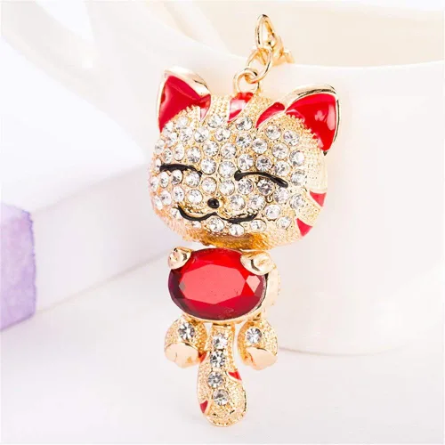 Vista 2 de Lindo gatito gato Bling cristales Rhinestone llavero llavero titular bolso encanto para los amantes de las mascotas rojo