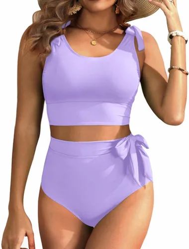 Vista 15 de Trajes de baño de dos piezas de cintura alta - Bikini con control de abdomen para mujer, traje de baño modesto 2 piezas 2025 Hot Red