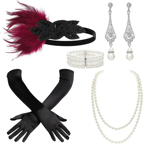 Vista 10 de BABEYOND - Accesorios estilo 1920s, Set de accesorios para disfraz Gatsby de los años 20s, diadema Flapper, collar de perlas, guantes, soporte