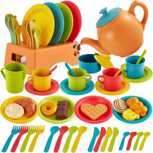 Vista 7 de BUYGER Accesorios de cocina para niños y juego de té para niños pequeños de 3 a 5 años, platos de juguete de cocina, utensilios, juego de vajilla