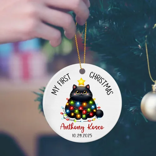 Vista 5 de Adornos de cerámica personalizados con texto en inglés «My First Christmas», bonito adorno de Navidad de gato para bebés, niños, primer recuerdo