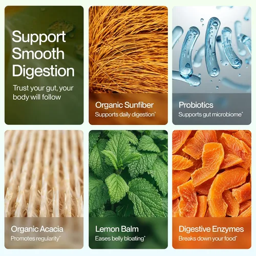 Vista 6 de Feel Goods Digestion+, salud intestinal, mezcla de fibra orgánica y probióticos, enzimas digestivas para alivio de la hinchazón, limpieza intestinal