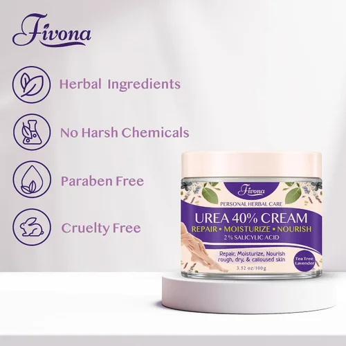 Vista 8 de FIVONA Crema para pies 40% urea para talones secos agrietados, crema suavizante de callos extra fuerte con ácido salicílico al 2%, árbol de té