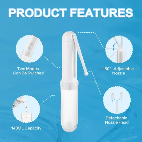 Vista 3 de Bidé portátil para viajes de 140 ml con boquilla ajustable de 180° IPX6 Bidé eléctrico manual para limpieza de higiene personal, lavado de bebé